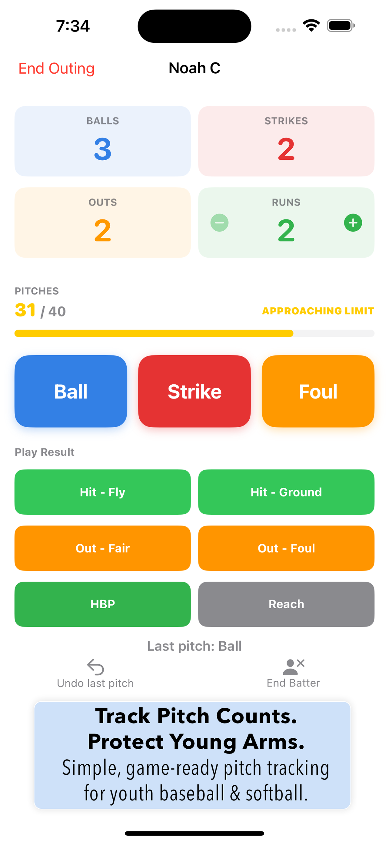 PitchPal Live Pitch Counter Screen