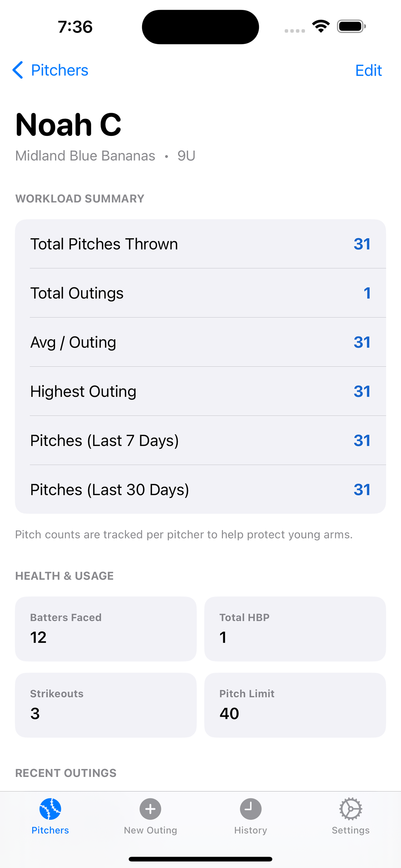 PitchPal Outing Summary